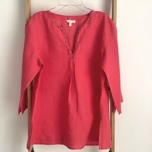 Eileen Fisher Petite Irish Linen Sequin V-Neck Tunic Top Coral Pink PM